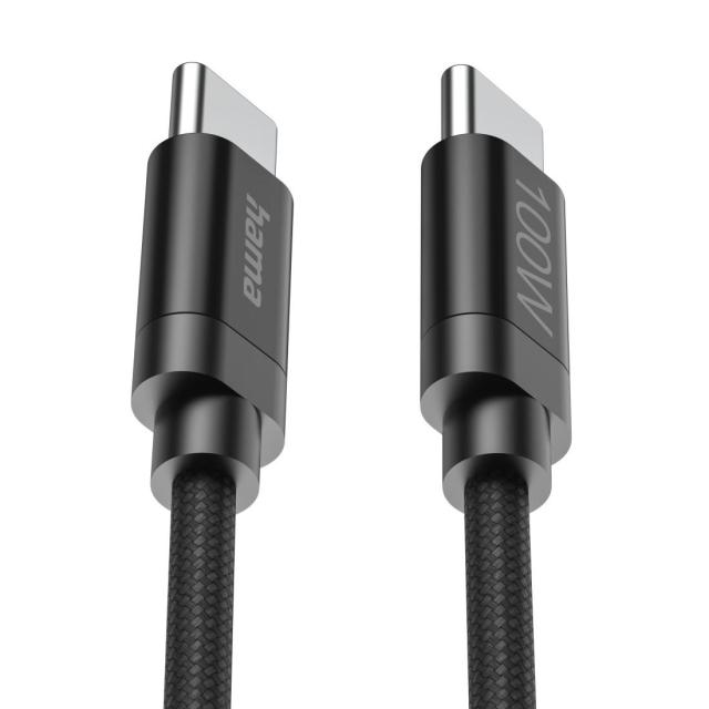 Кабел Hama за зареждане, "Fabric", USB Type-C към USB Type-C, 100 W, 3 m, Nylon, black