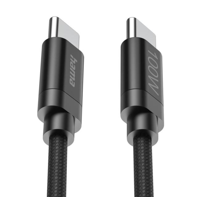 Кабел Hama за зареждане, "Fabric", USB Type-C към USB Type-C, 100 W, 3 m, Nylon, black