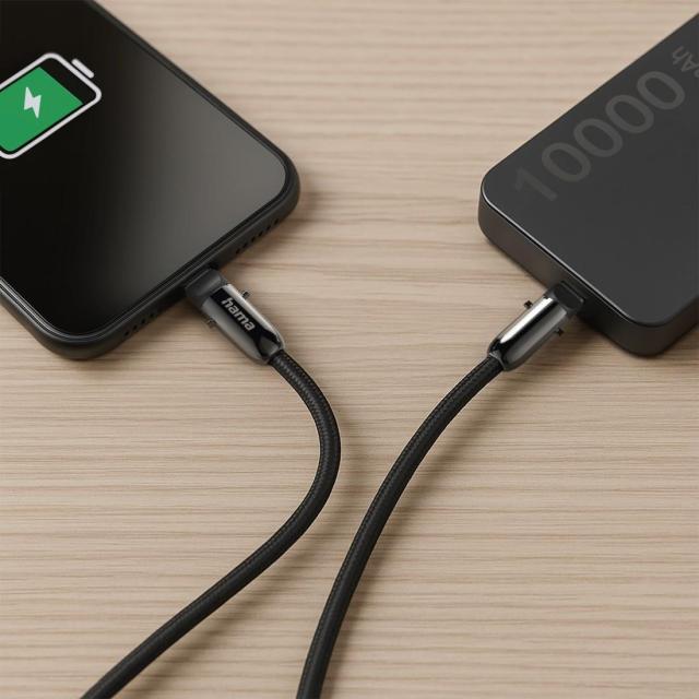 Кабел Hama за зареждане, 2 в 1 с връзка за телефон, USB Type-C към USB Type-C, 1.2 m, черен