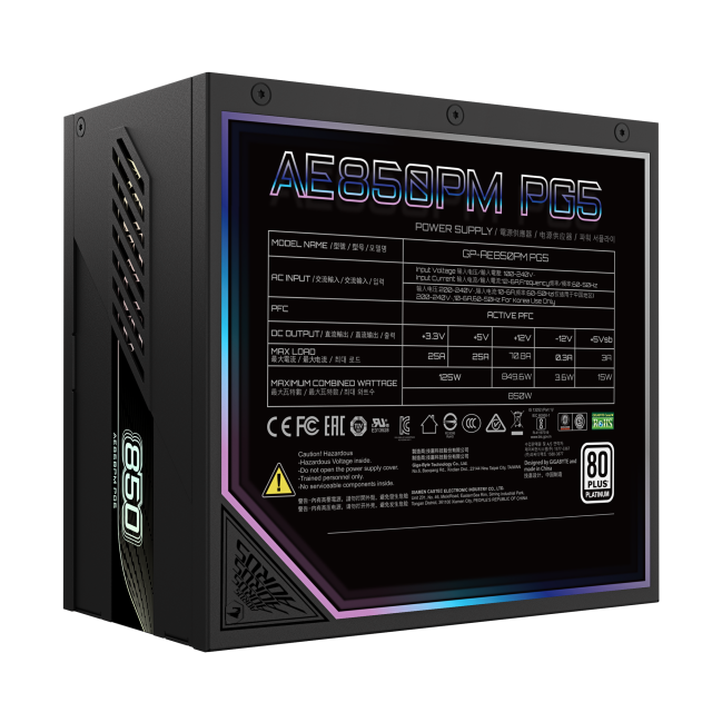 Захранване Gigabyte AORUS ELITE P850W, Active PFC, ATX 3.1/PCIe 5.1, 80 PLUS Platinum, Full  Modular