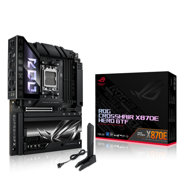 Дънна платка ASUS ROG CROSSHAIR X870E-E HERO BTF WIFI, AM5, 4x DDR5, PCIe 5.0, 5 x M.2 slots, 4 x SATA 6Gb/s, 2x 1 x Ethernet, HDMI, ATX