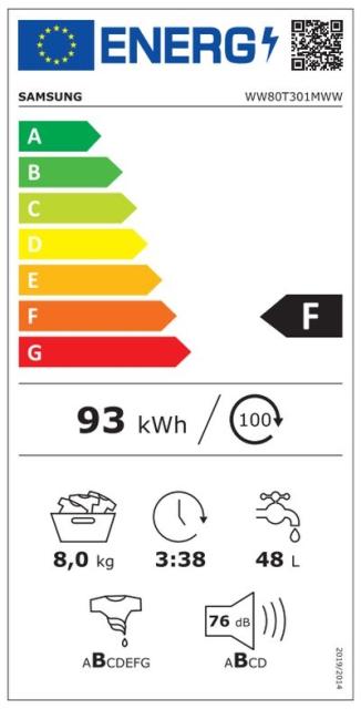 Пералня Samsung WW80T301MWW/LE, Washing machine 8 kg, 1200 rpm, Slim, Energy Efficiency F, Spin Efficiency B, white, white door