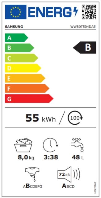 Пералня Samsung WW80T504DAE/S7, Washing Machine,  8 kg, 1400 rpm,  Energy Efficiency B, Eco Bubble, Hygiene Steam, Spin Efficiency B,  White, Black door
