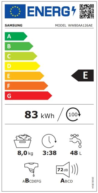 Пералня Samsung WW80AA126AE/LE, Washing Machine,  8 kg, 1200 rpm,  Energy Efficiency E, Eco Bubble, Bubble Soak, Hygiene Steam, Smart Check, Volt Control, Spin Efficiency B,  White, Black door