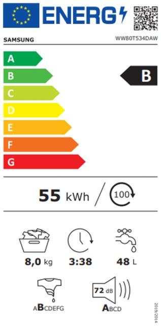 Пералня Samsung WW80T534DAW/S7, Washing Machine, 8 kg, 1400 rpm,  Energy Efficiency B, AI Control, Eco Bubble, Bubble Soak, Hygiene Steam, Spin Efficiency B, WiFi , Smart Things, White, Black door