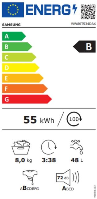 Пералня Samsung WW80T534DAX/S7,  Washing Machine, 8 kg, 1400 rpm,  Energy Efficiency B, AI Control, Eco Bubble, Bubble Soak, Hygiene Steam, Spin Efficiency B, WiFi , Smart Things,  Stainless steel, Black door