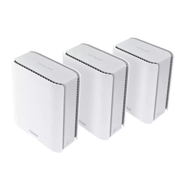 Мрежови комплект ASUS ZenWiFi BT8 (W-3-PK) WHITE, WiFi7 (802.11be) Smart AiMesh Extendable Router, 6 GHz WiFi, 2.4 / 5 / 6 GHz, 688+4323+8643 Mbps, 1x WAN, 3x LAN, 1x USB
