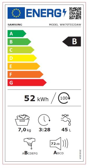 Пералня Samsung WW70T552DAW/S7, Washing Machine, 7kg, 1200 rpm,  Energy Efficiency B, Add Wash,  AI Control, Eco Bubble, Hygiene Steam, Spin Efficiency B, WiFi, White, Black door