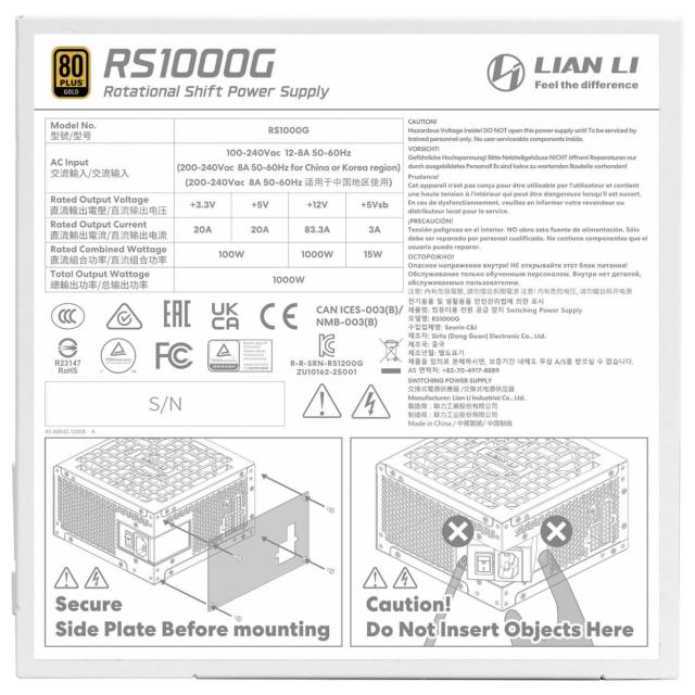 Захранване Lian Li RS1000G White, 1000W, Active PFC, PCIe 5.1/ATX 3.1, 80 PLUS Gold, Fully Modular