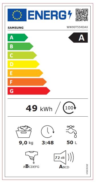 Пералня Samsung WW90T554DAX/S7,  Washing Machine, 9kg, 1400 rpm,  Energy Efficiency A, Add Wash, Eco Bubble, Steam Hygiene, Drum Clean, AI Control, Spin Efficiency B, Stainless steel, Black door