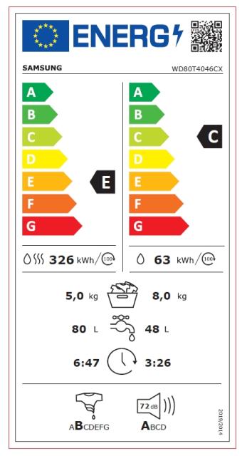 Пералня със сушилня Samsung WD80T4046CX/LE, Washing Machine/Dryer, 8/5kg, 1400rpm, Energy Efficiency C/E, Spin Efficiency B, LED Display, Eco Bubble, Bubble Soak, Air Wash, Hygiene Steam, Stainless steel, Black door