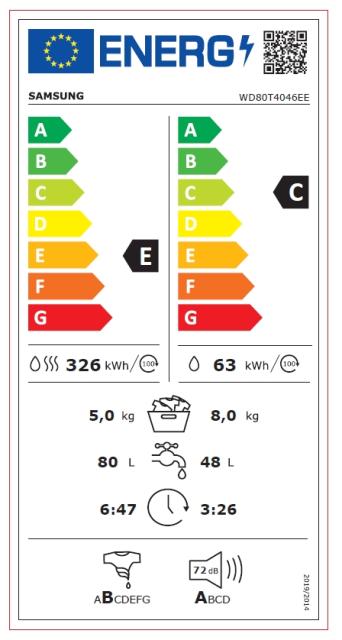 Пералня със сушилня Samsung WD80T4046EE/LE, Washing Machine/Dryer, 8/5kg, 1400rpm, Energy Efficiency C/E, Spin Efficiency B, LED Display, Eco Bubble, Bubble Soak, Air Wash, Hygiene Steam, White, White door