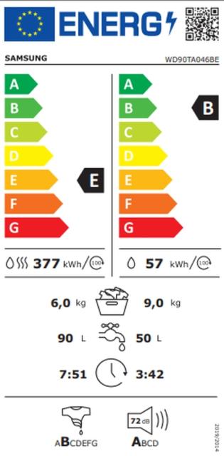 Пералня със сушилня Samsung WD90TA046BE/LE, Washing Machine/Dryer, 9/6 kg, 1400rpm, Energy Efficiency B/E, Spin Efficiency B, LED Display, Eco Bubble, Bubble Soak, Air Wash, Hygiene Steam, White, Black door