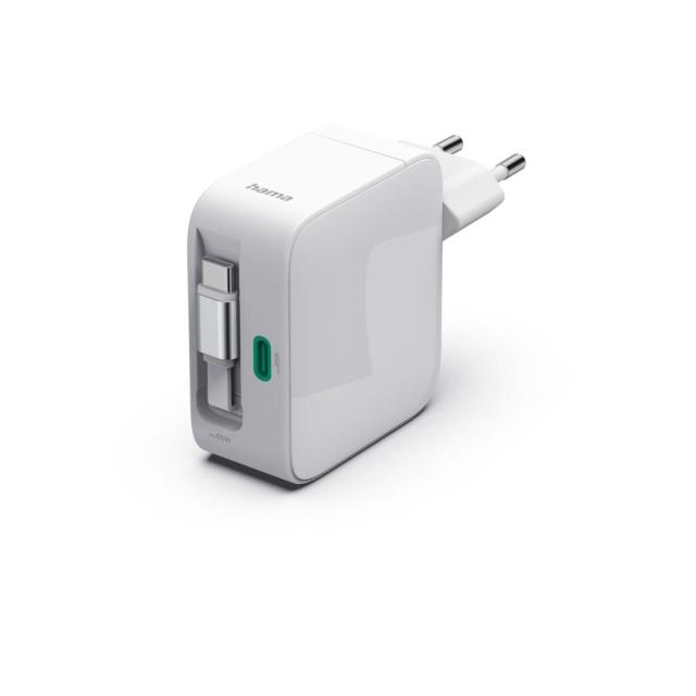 HAMA Бързо зарядно, 65W, GaN, 2x USB-C, с разтегателен кабел 0.7м.