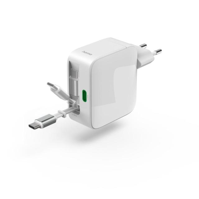 HAMA Бързо зарядно, 65W, GaN, 2x USB-C, с разтегателен кабел 0.7м.