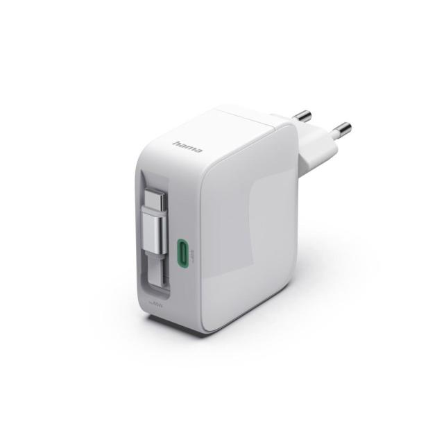 HAMA Бързо зарядно, 65W, GaN, 2x USB-C, с разтегателен кабел 0.7м.