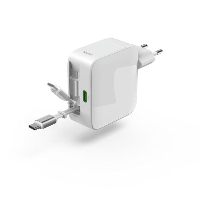 HAMA Бързо зарядно, 65W, GaN, 2x USB-C, с разтегателен кабел 0.7м.