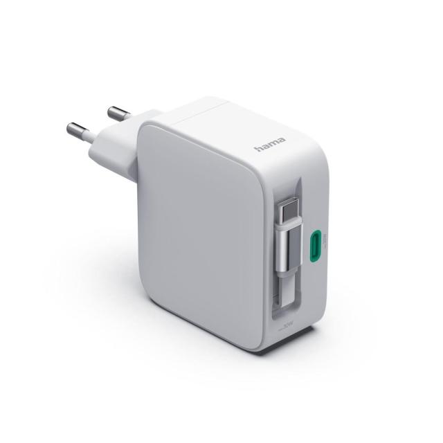 HAMA Бързо зарядно, 30 W, GaN, 2x USB-C, с разтегателен кабел 0.7м, бял