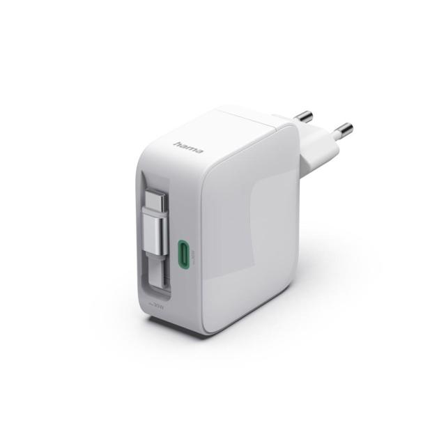 HAMA Бързо зарядно, 30 W, GaN, 2x USB-C, с разтегателен кабел 0.7м, бял