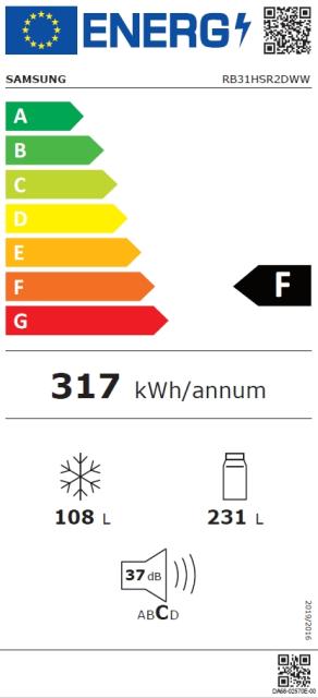 Хладилник Samsung RB31HSR2DWW, Refrigerator, Fridge Freezer, 339 L, No Frost, Energy Efficiency F, Multi Flow, All-Around Cooling, White