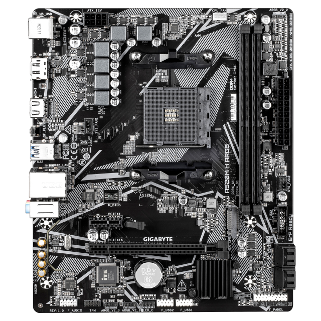 Дънна платка GIGABYTE A520M H ARGB, AM4, 2 x DDR4, 1 x M.2, 4 x SATA 6Gb/s, HDMI, DisplayPort, Micro ATX