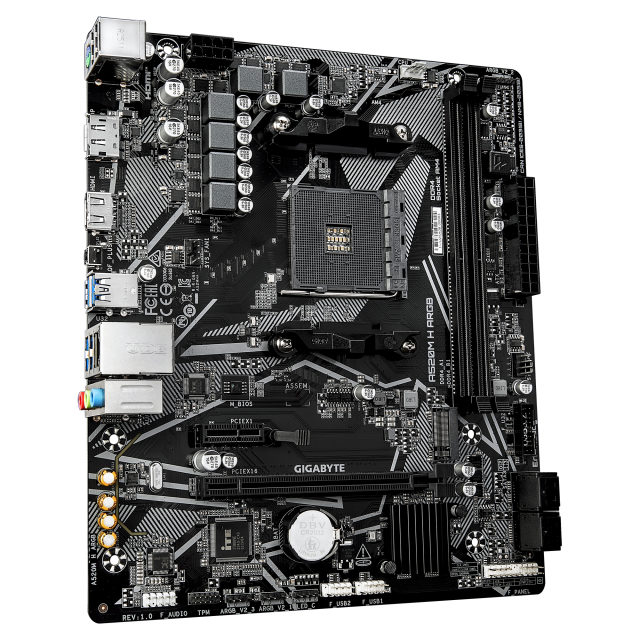Дънна платка GIGABYTE A520M H ARGB, AM4, 2 x DDR4, 1 x M.2, 4 x SATA 6Gb/s, HDMI, DisplayPort, Micro ATX