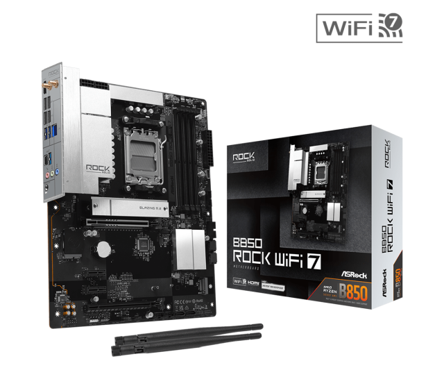 Дънна платка ASRock B850 ROCK WIFI7, AM5, 4x DDR5, 2x M.2, 4x SATA 6Gb/s, Wi-Fi 7, Bluetooth 5.4, HDMI, ATX