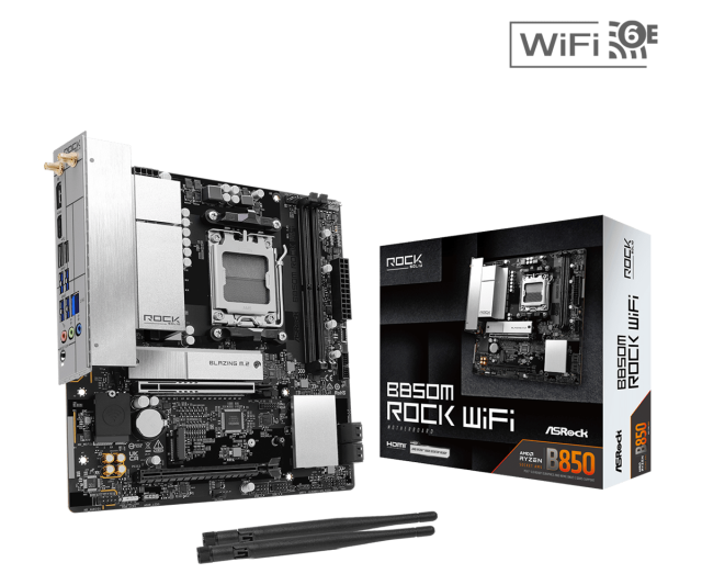 Дънна платка ASRock B850M ROCK WIFI, AM5, 2x DDR5, 2x M.2 NVMe, 4x SATA 6Gb/s, Wi-Fi 6E+BT, HDMI, DisplayPort, Micro ATX
