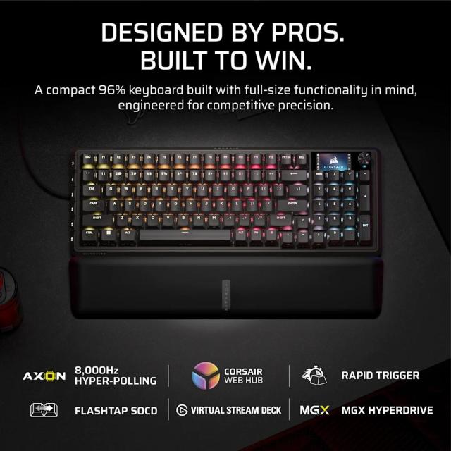 Геймърскa механична клавиатура Corsair Vanguard Pro 96 Hall Effect, Corsair MGX V2 суичове, подсветка, LCD екран, черна, USB