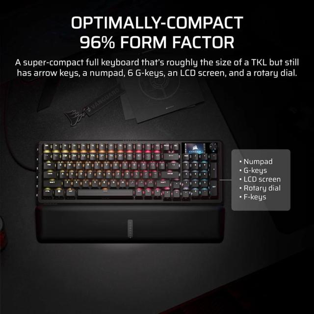 Геймърскa механична клавиатура Corsair Vanguard Pro 96 Hall Effect, Corsair MGX V2 суичове, подсветка, LCD екран, черна, USB