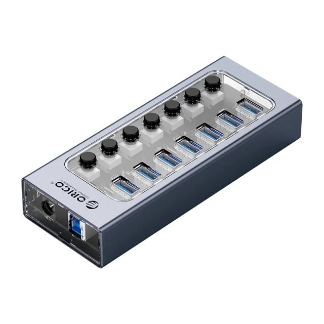 USB хъб Orico 7-портов, Power Adapter, On/Off buttons, Aluminium