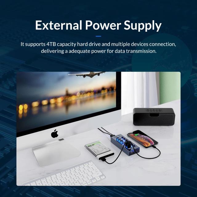 USB хъб Orico 7-портов, Power Adapter, On/Off buttons, Aluminium