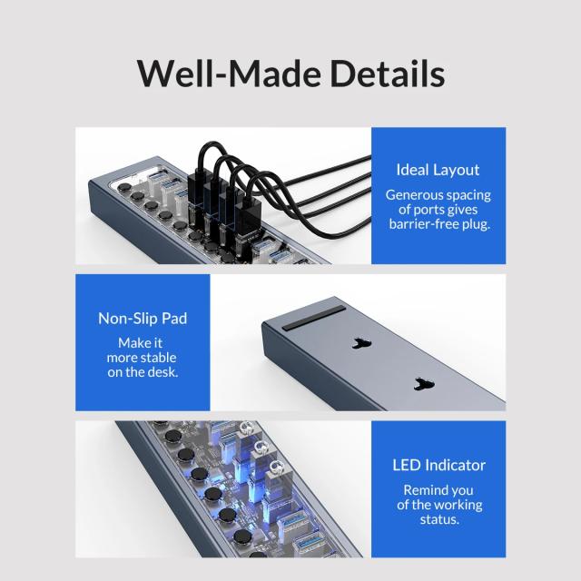 USB хъб Orico 7-портов, Power Adapter, On/Off buttons, Aluminium