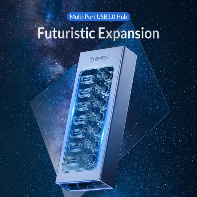 USB хъб Orico 7-портов, Power Adapter, On/Off buttons, Aluminium