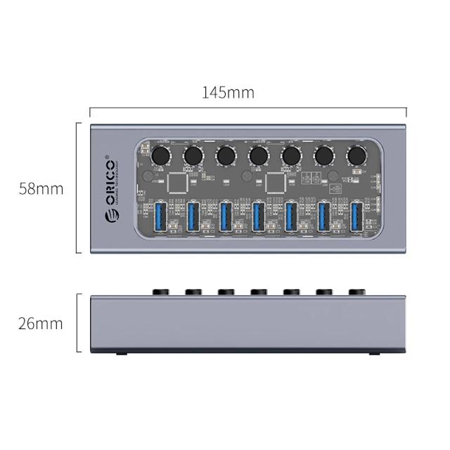 USB хъб Orico 7-портов, Power Adapter, On/Off buttons, Aluminium