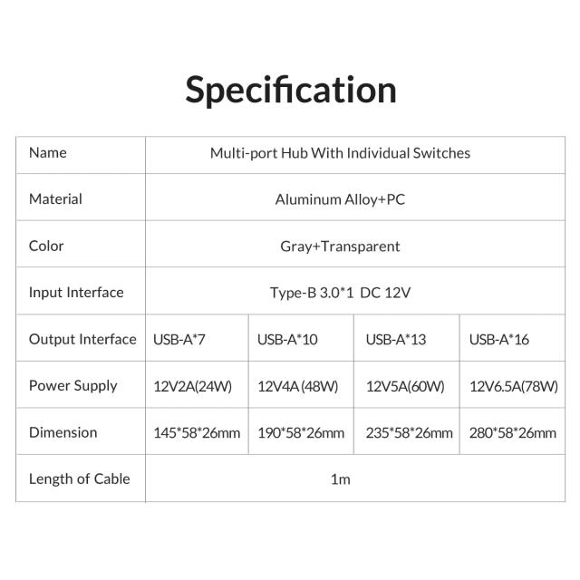 USB хъб Orico 7-портов, Power Adapter, On/Off buttons, Aluminium