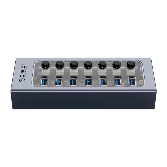 USB хъб Orico 7-портов, Power Adapter, On/Off buttons, Aluminium