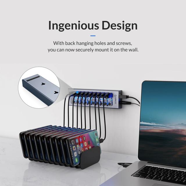 USB хъб Orico 7-портов, Power Adapter, On/Off buttons, Aluminium