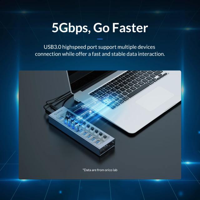 USB хъб Orico 7-портов, Power Adapter, On/Off buttons, Aluminium