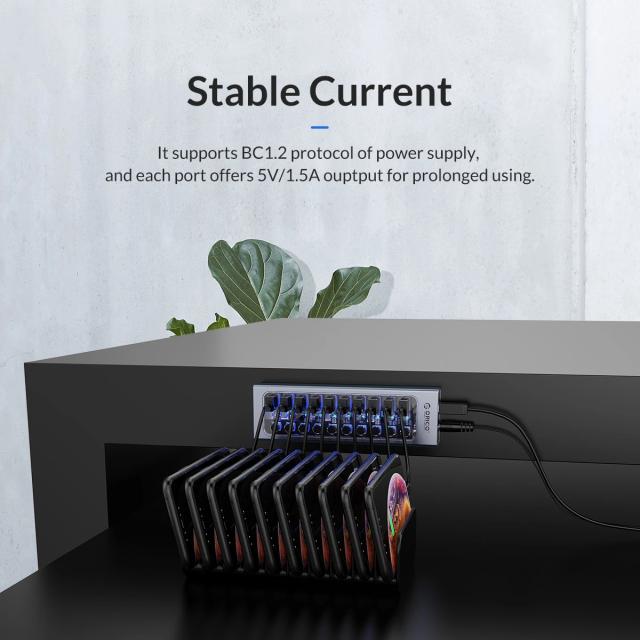 USB хъб Orico 7-портов, Power Adapter, On/Off buttons, Aluminium