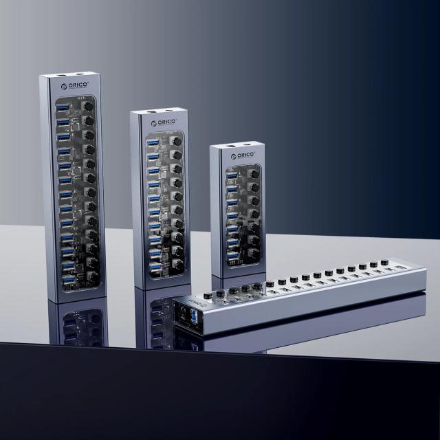 USB хъб Orico 7-портов, Power Adapter, On/Off buttons, Aluminium