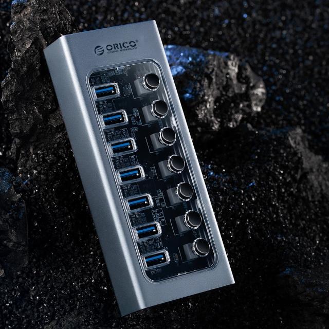 USB хъб Orico 7-портов, Power Adapter, On/Off buttons, Aluminium