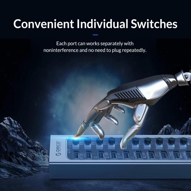 USB хъб Orico 7-портов, Power Adapter, On/Off buttons, Aluminium