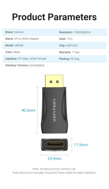 Адаптер Vention DisplayPort DP (м) към HDMI (ж), Gold plated