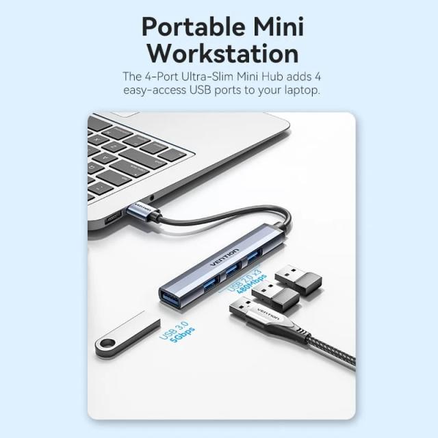 Хъб Vention HUB 4-портов, Aluminium, USB 3.0
