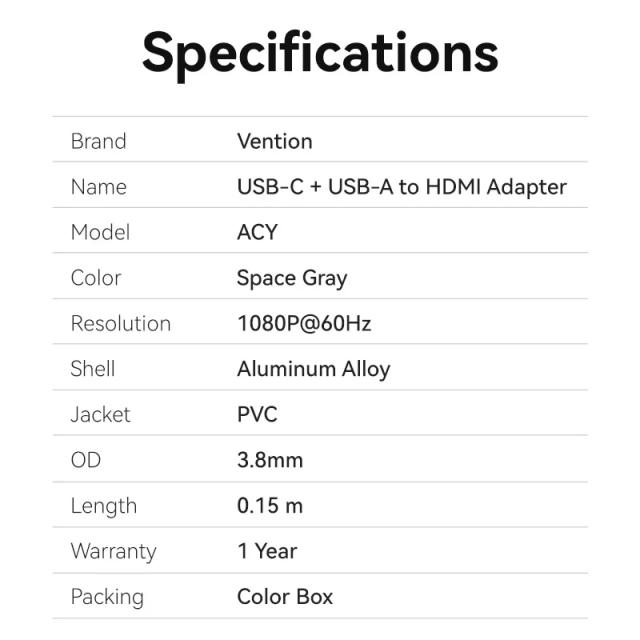 Адаптер Vention USB-C/A (м) към HDMI (ж)