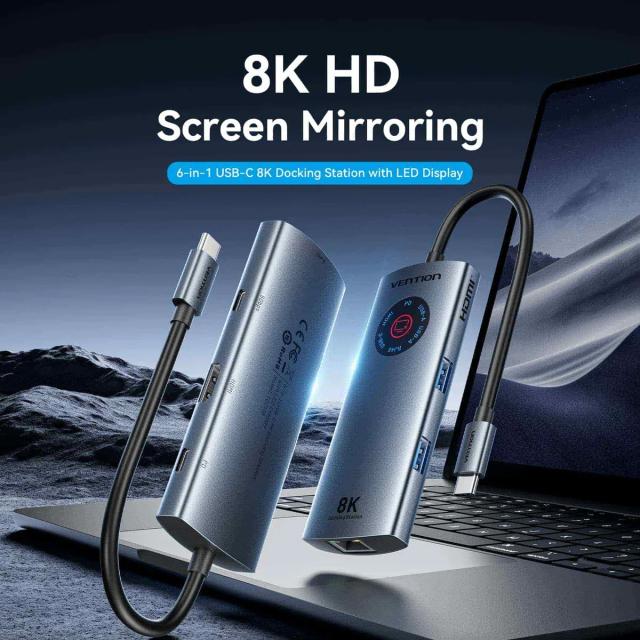 Мултипортов адаптер Vention TQZHB, 8K, LED Display - HDMI, USB 3.0 x 2, USB-C 3.2 Gen 1, PD100W,  LAN (1Gbps)