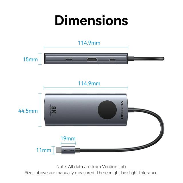 Мултипортов адаптер Vention TQZHB, 8K, LED Display - HDMI, USB 3.0 x 2, USB-C 3.2 Gen 1, PD100W,  LAN (1Gbps)