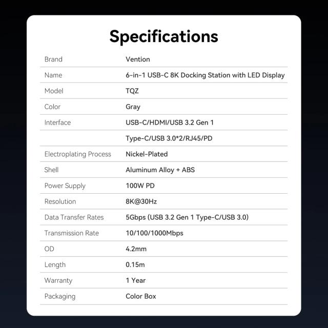 Мултипортов адаптер Vention TQZHB, 8K, LED Display - HDMI, USB 3.0 x 2, USB-C 3.2 Gen 1, PD100W,  LAN (1Gbps)