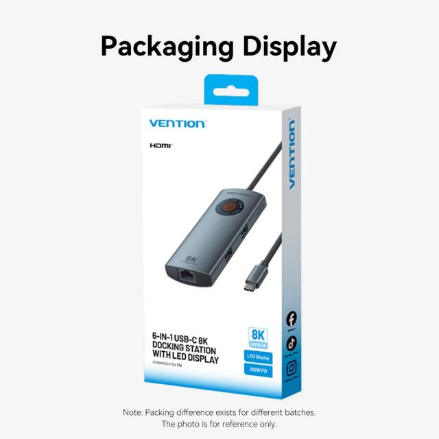 Мултипортов адаптер Vention TQZHB, 8K, LED Display - HDMI, USB 3.0 x 2, USB-C 3.2 Gen 1, PD100W,  LAN (1Gbps)
